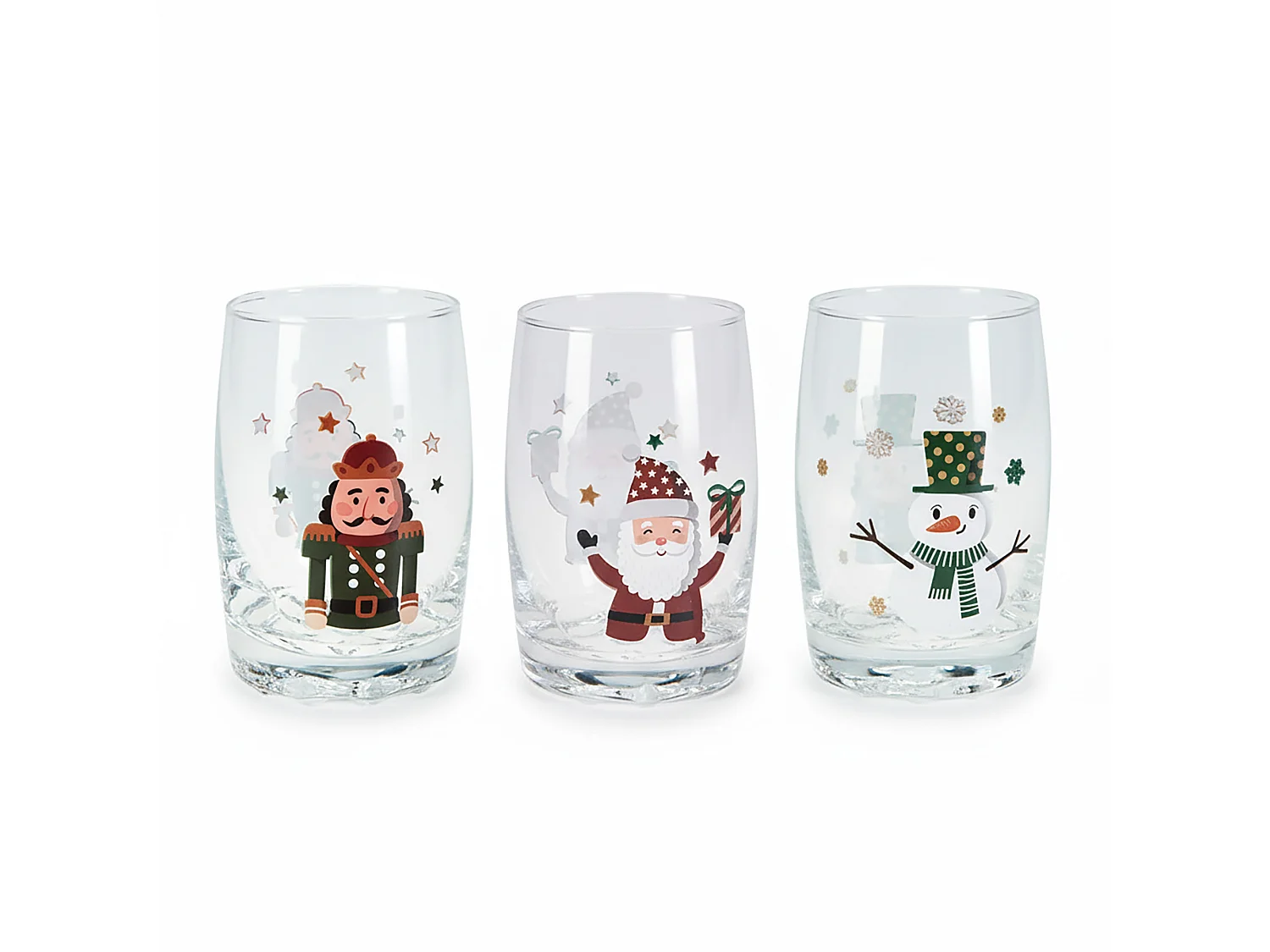 Set di bicchieri natalizi decorativi in vetro trasparente 3 pezzi 300 ml 6x10 cm