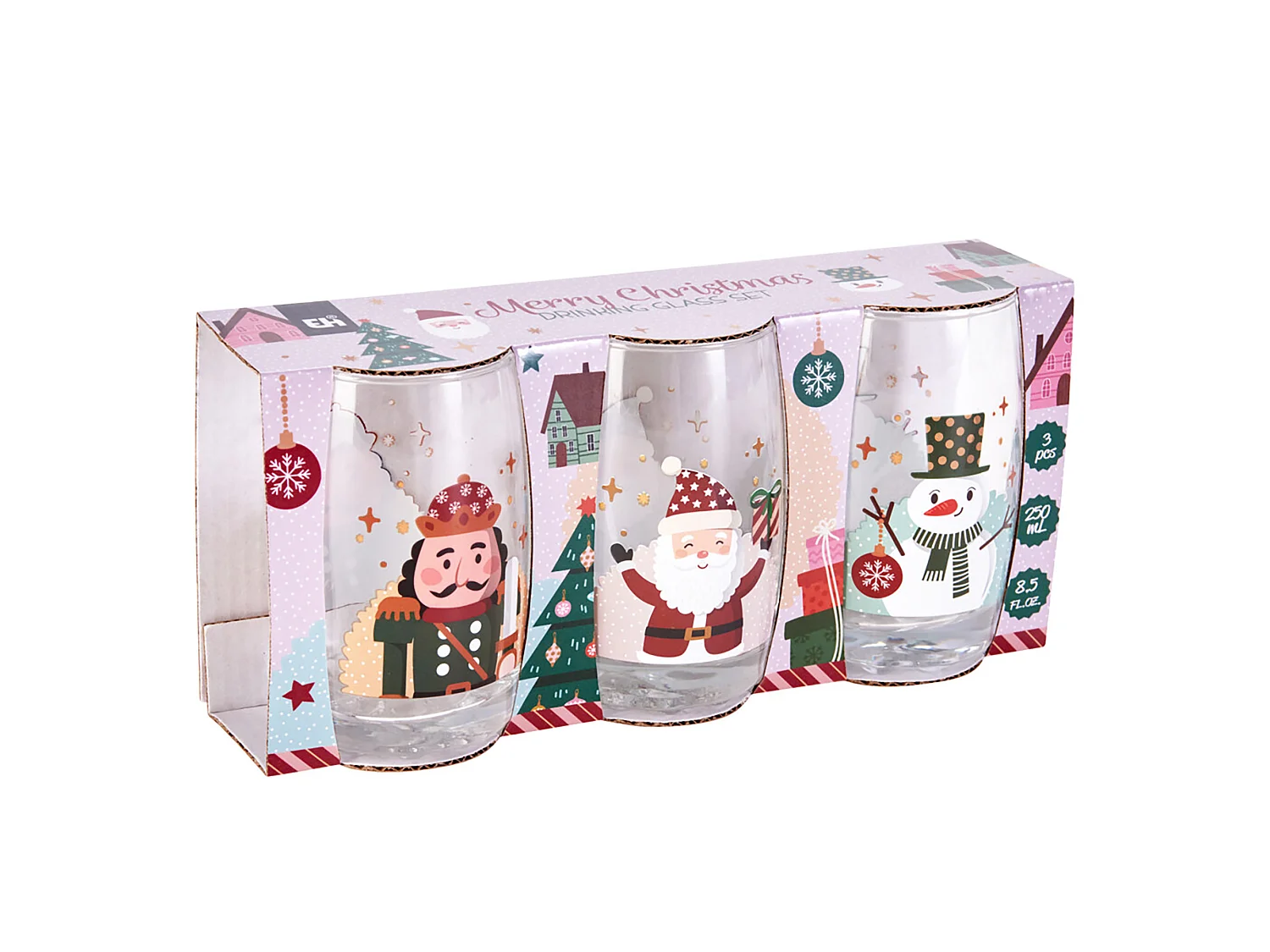Set di bicchieri natalizi decorativi in vetro trasparente 3 pezzi 300 ml 6x10 cm
