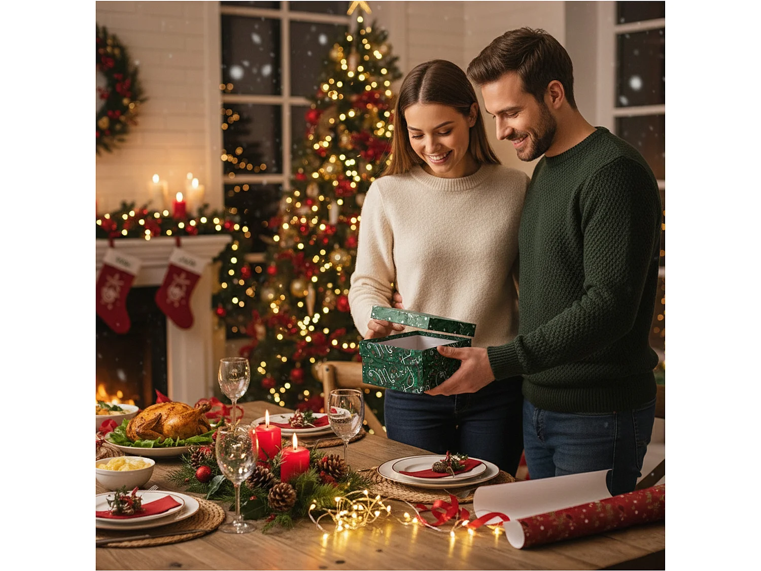 Boîte cadeau de Noël en carton vert 14,5x14,5x7 cm