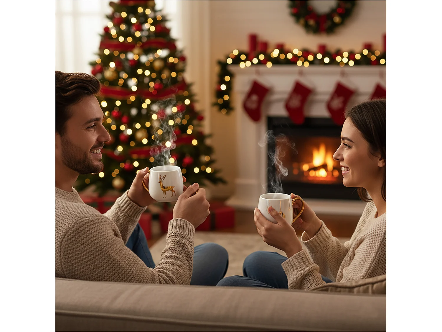 Mug de Noël avec anse en porcelaine blanche et dorée 375 ml 76x90 mm