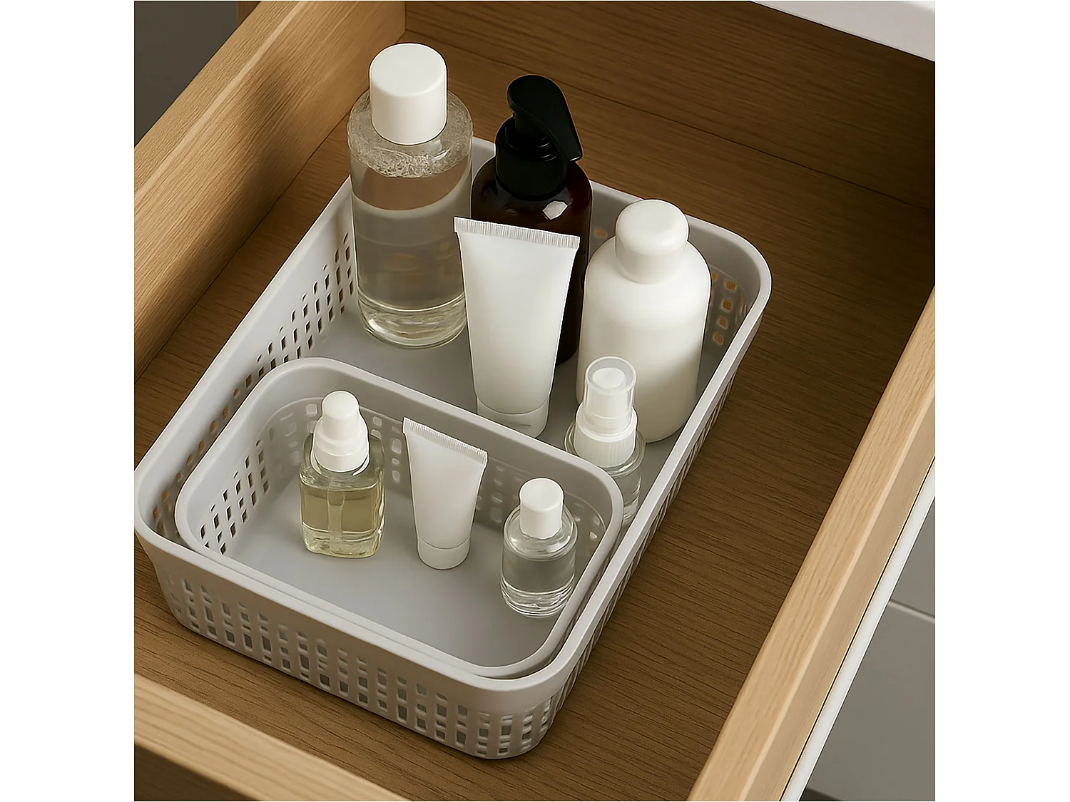 Panier ajouré en plastique pour cosmétiques salle de bain gris clair 18x12x6 cm