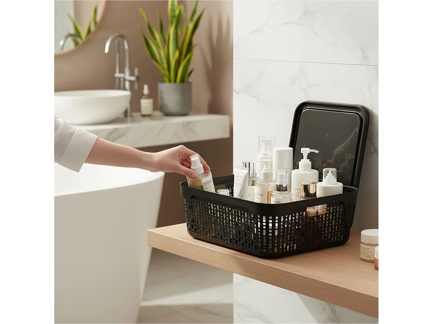 Panier ajouré en plastique avec couvercle pour cosmétiques noir 39.5x30x13 cm
