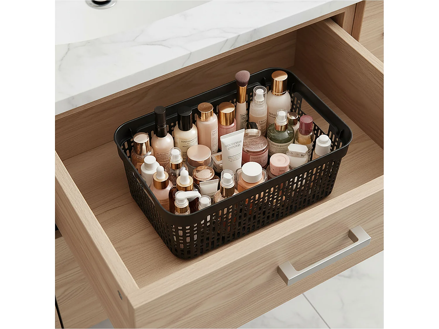 Panier ajouré en plastique avec couvercle pour cosmétiques noir 39.5x30x13 cm