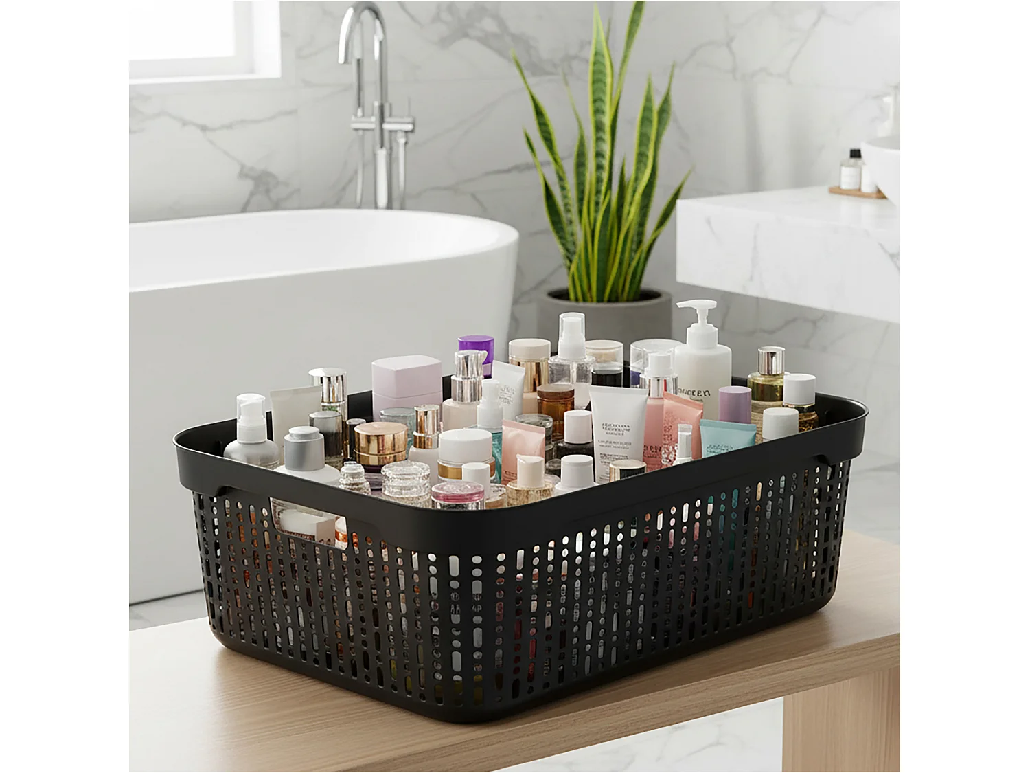 Panier ajouré en plastique avec couvercle pour cosmétiques noir 39.5x30x13 cm