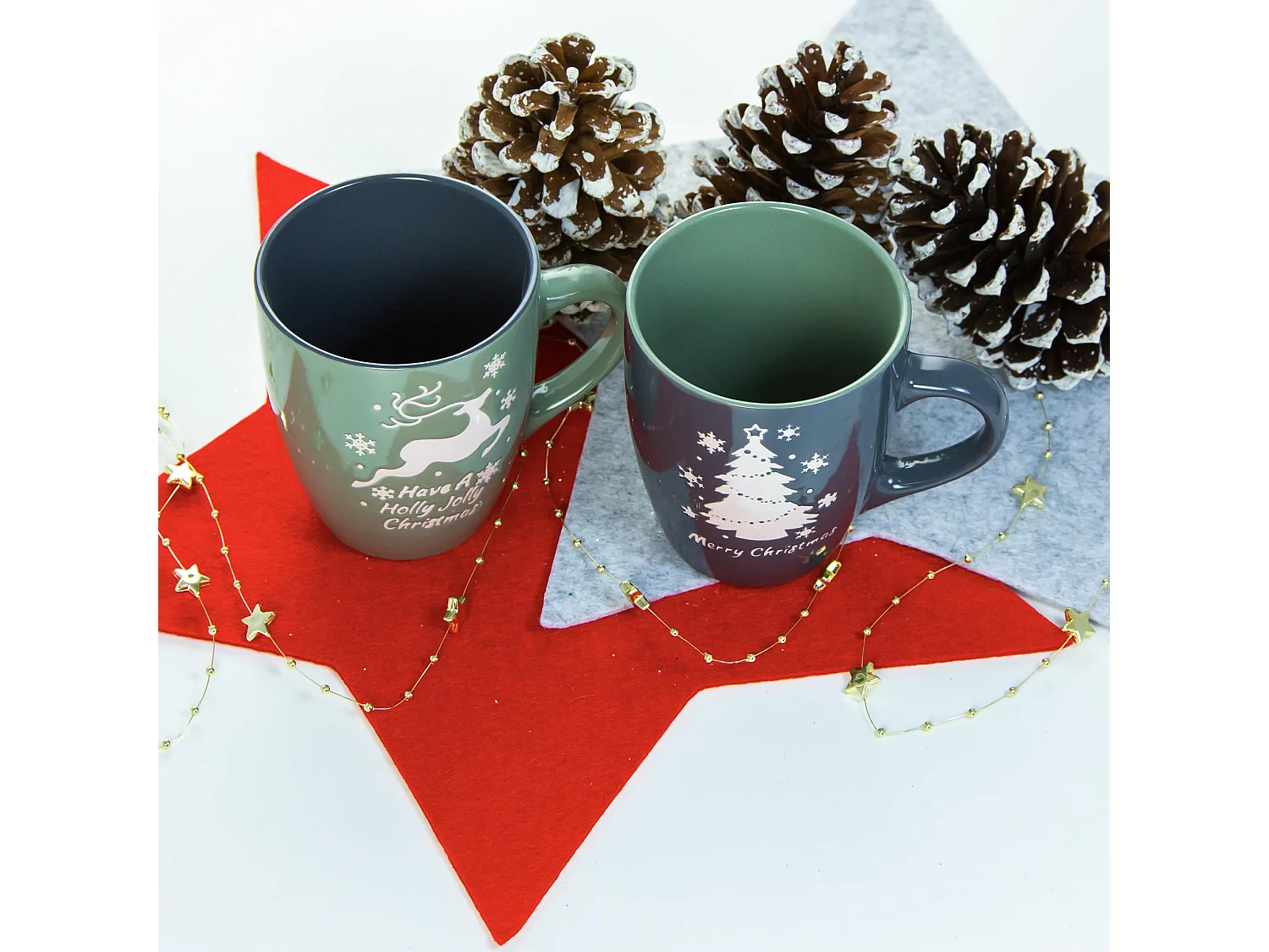 Set di 2 tazze natalizie con renna e albero, ceramica, verde/grigio, 320 ml, 9x10,6 cm