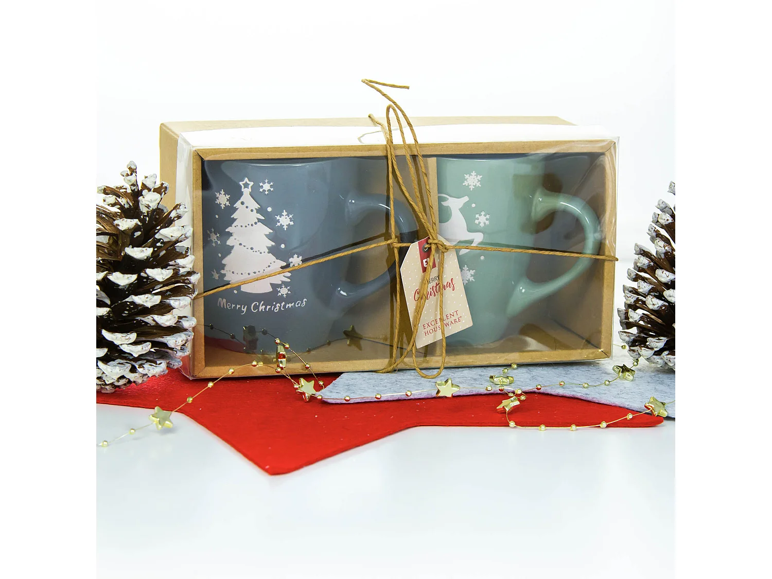 Set di 2 tazze natalizie con renna e albero, ceramica, verde/grigio, 320 ml, 9x10,6 cm