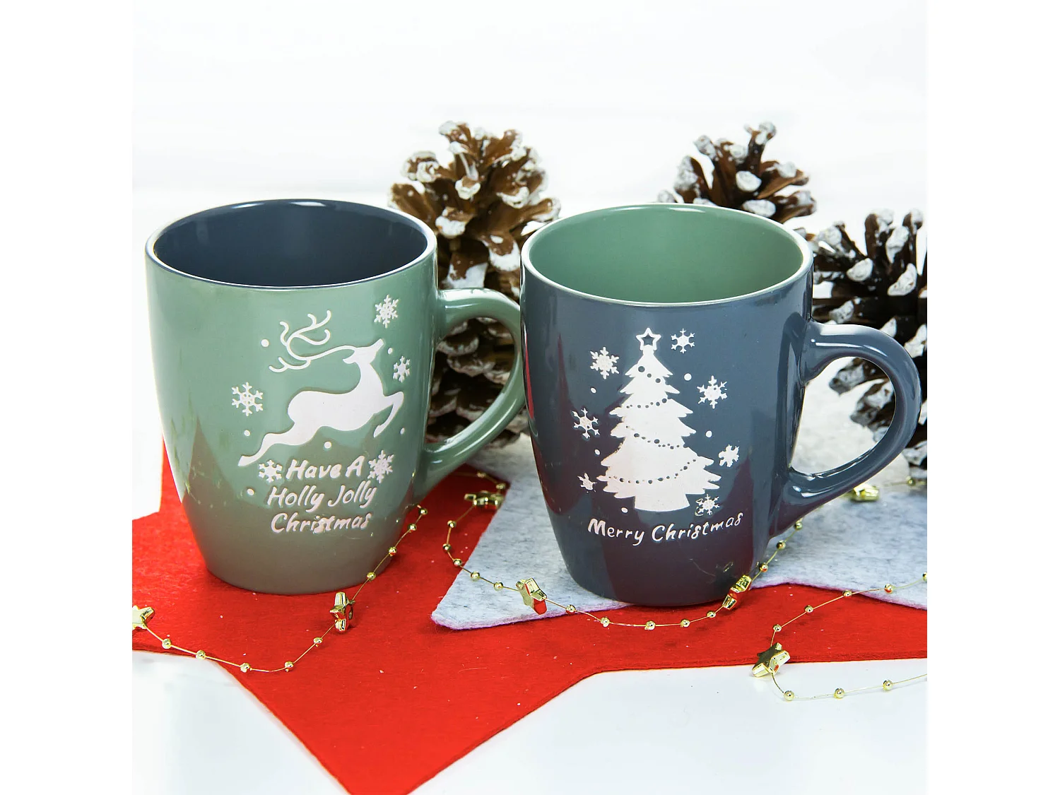 Set di 2 tazze natalizie con renna e albero, ceramica, verde/grigio, 320 ml, 9x10,6 cm