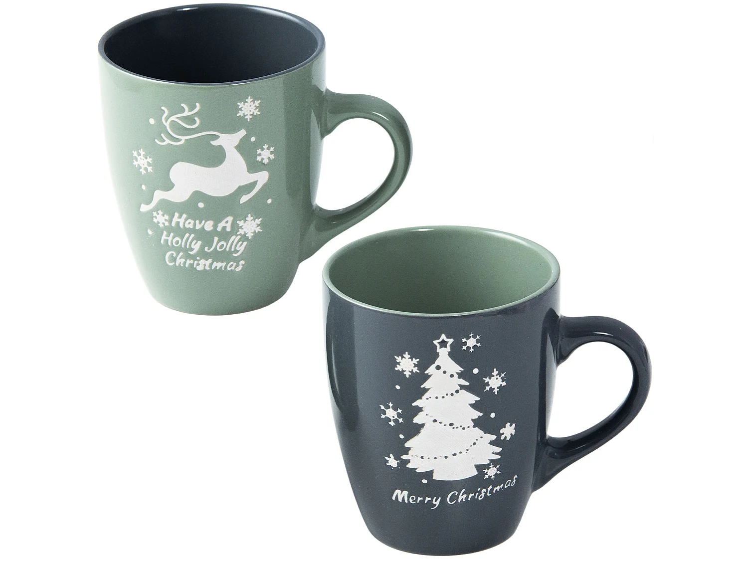 Set di 2 tazze natalizie con renna e albero, ceramica, verde/grigio, 320 ml, 9x10,6 cm