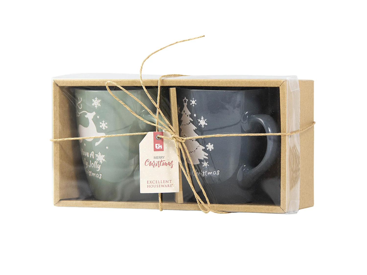 Set di 2 tazze natalizie con renna e albero, ceramica, verde/grigio, 320 ml, 9x10,6 cm