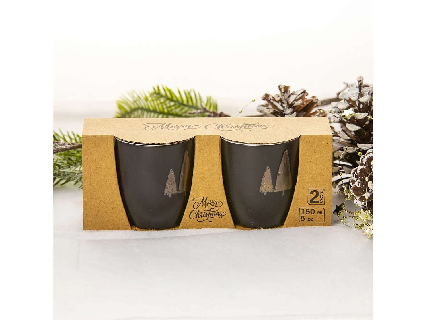 Set di tazze natalizie con albero di Natale in gres nero 2 pz 150 ml