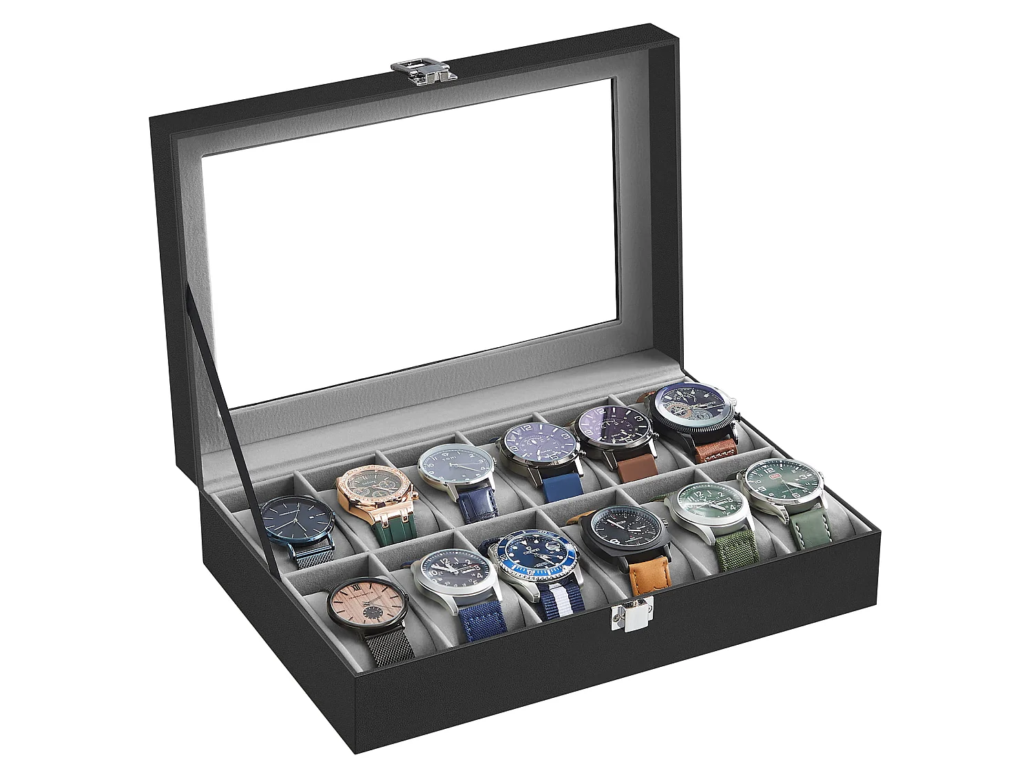 Horlogedoos voor 12 horloges praktisch MDF glas zwart 30,2x20,2x7,8 cm