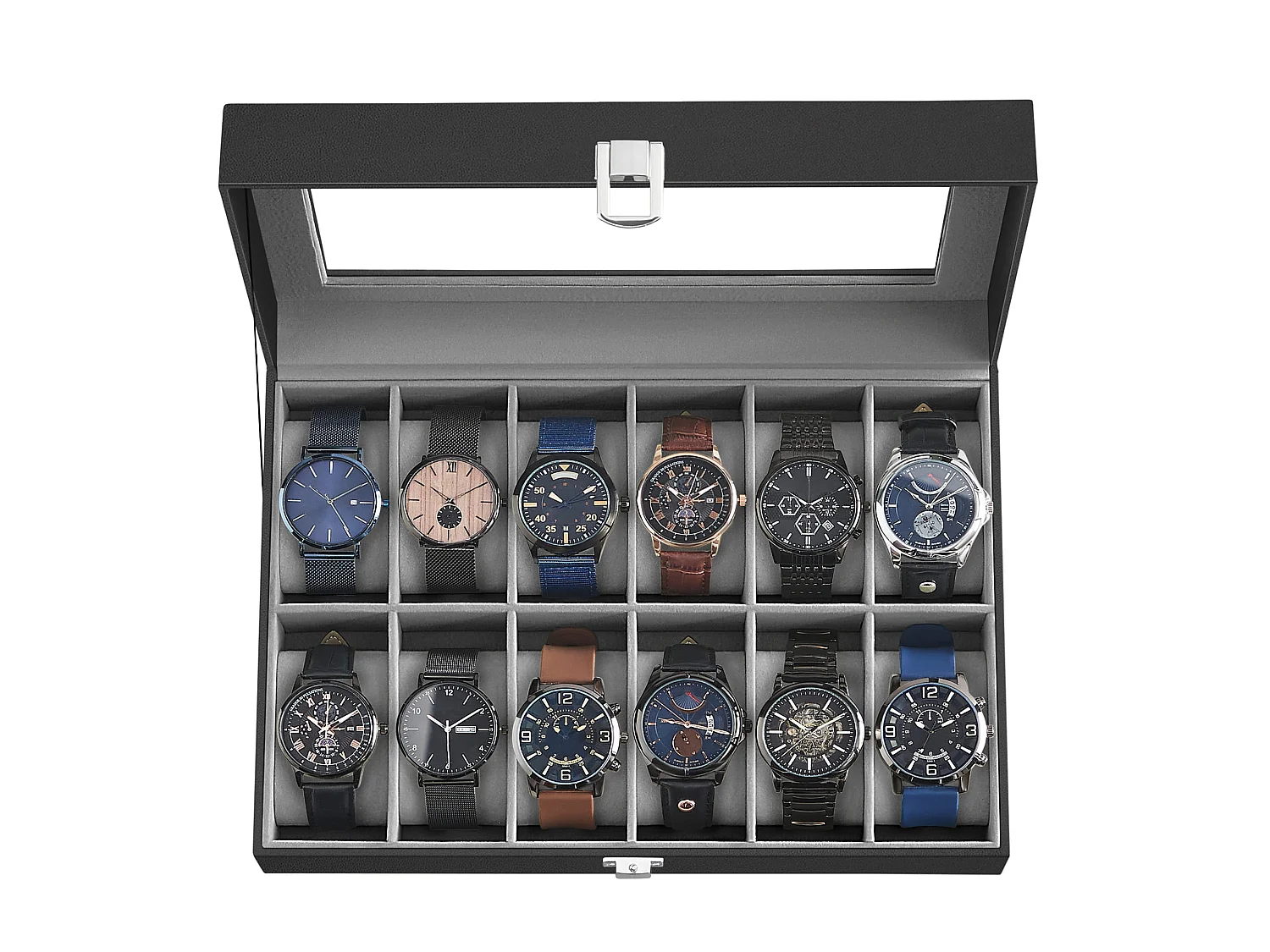Horlogedoos voor 12 horloges praktisch MDF glas zwart 30,2x20,2x7,8 cm