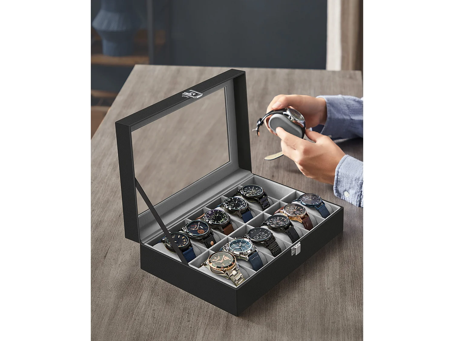 Horlogedoos voor 12 horloges praktisch MDF glas zwart 30,2x20,2x7,8 cm
