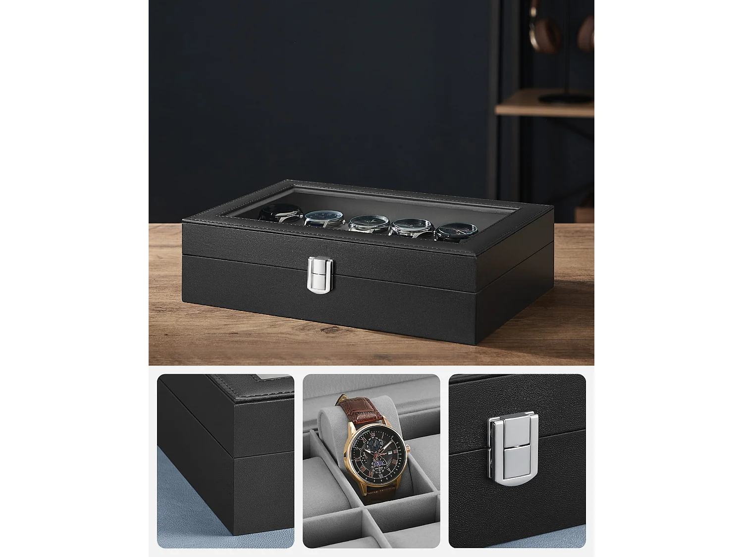 Horlogedoos voor 12 horloges praktisch MDF glas zwart 30,2x20,2x7,8 cm