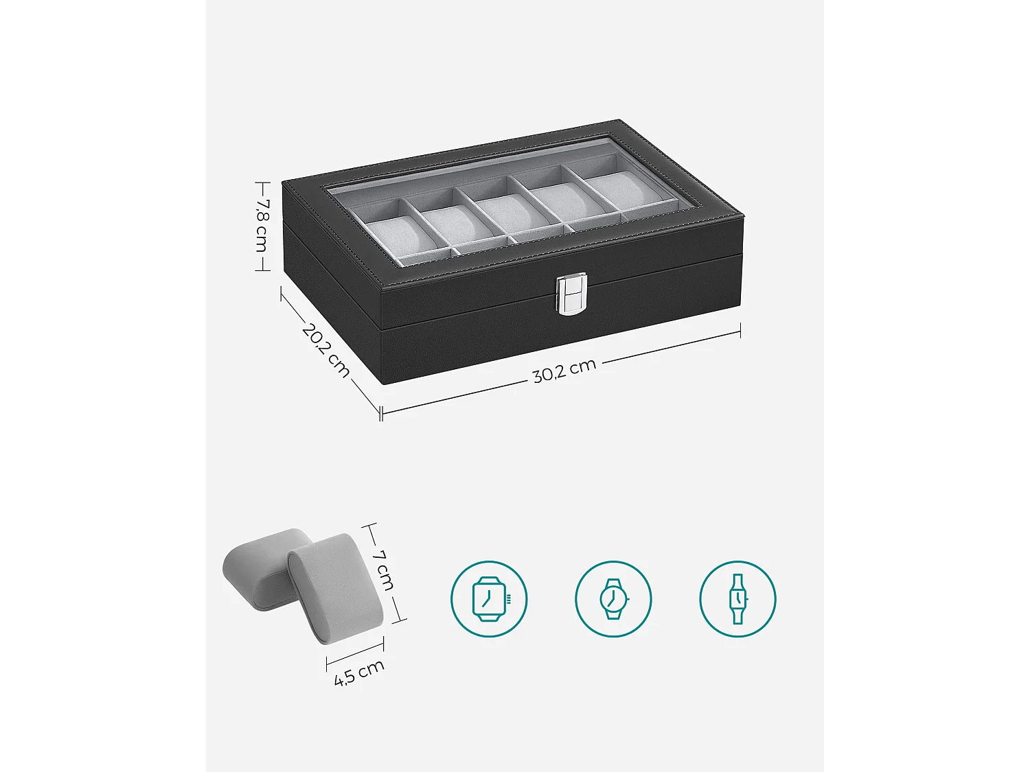 Horlogedoos voor 12 horloges praktisch MDF glas zwart 30,2x20,2x7,8 cm
