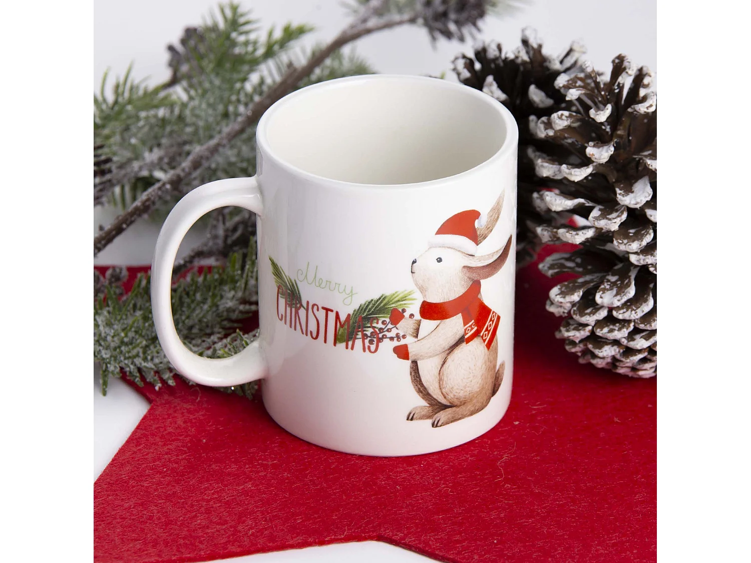 Tazza natalizia in porcellana con stampa coniglio bianco 250 ml 8,8x10,3 cm