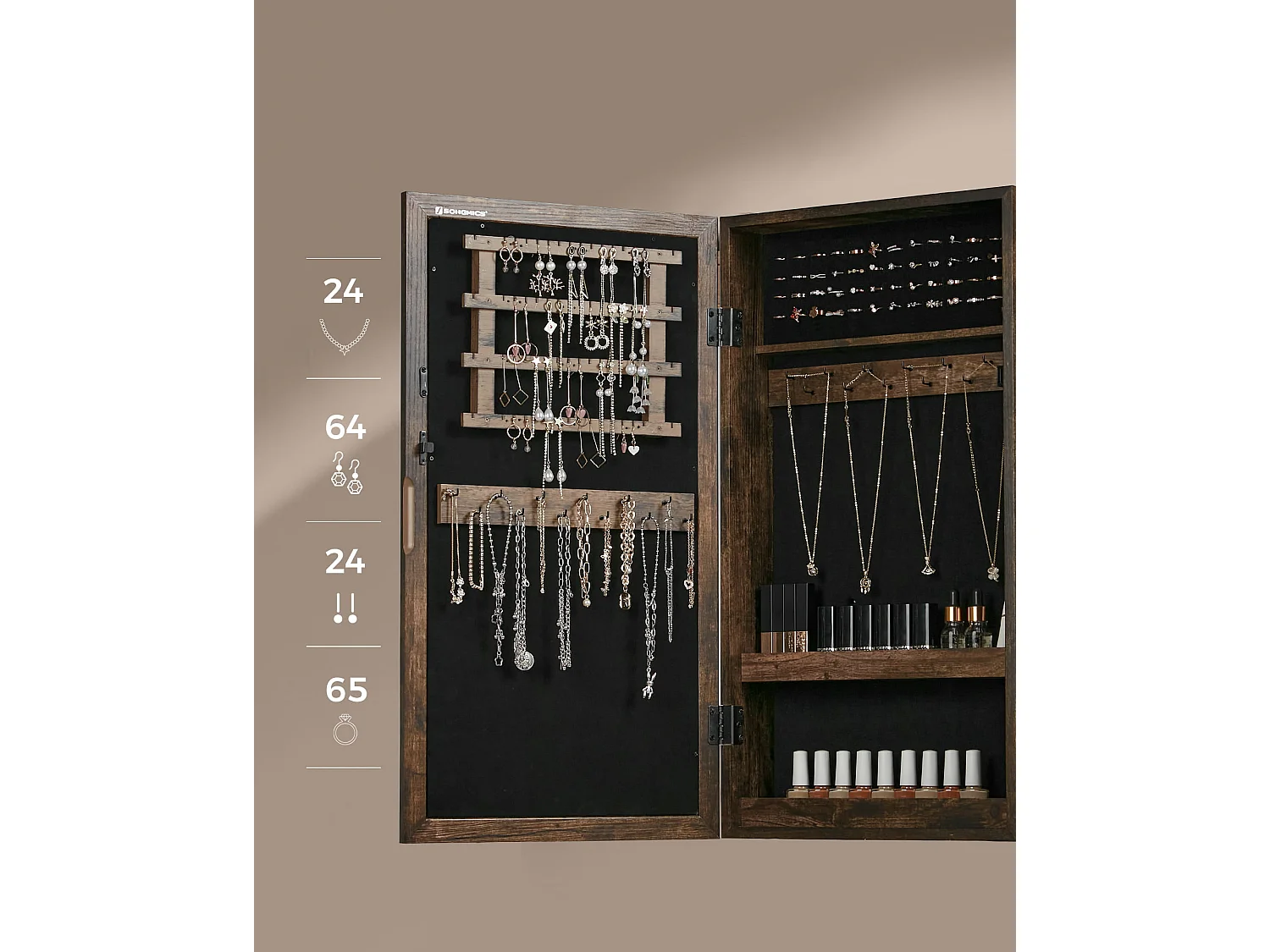 Wandkast met spiegel voor sieraden rustiek bruin 37x10x67 cm
