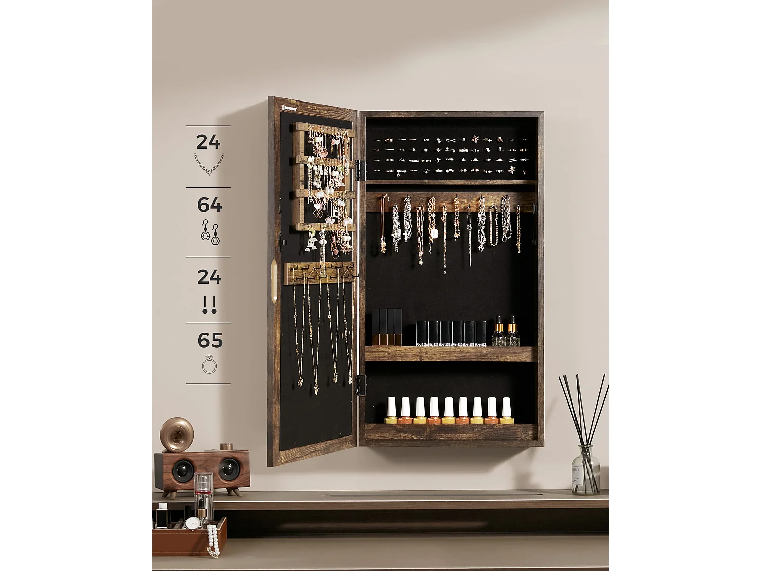 Wandkast met spiegel voor sieraden rustiek bruin 37x10x67 cm