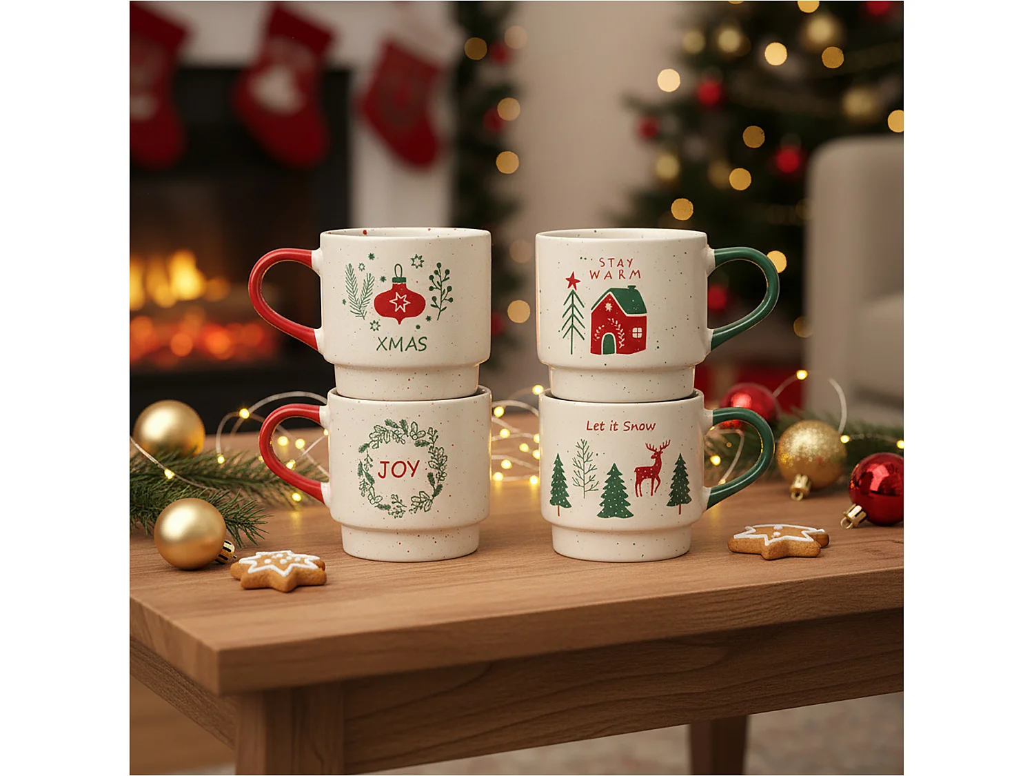 Tasse de Noël avec anse en grès blanc JOY 350 ml 95x65 mm