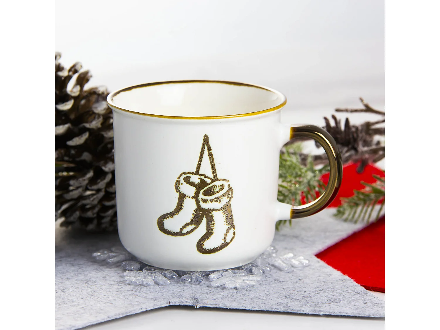 Mug de Noël motif festif porcelaine blanc et or 400 ml 9,5x9 cm