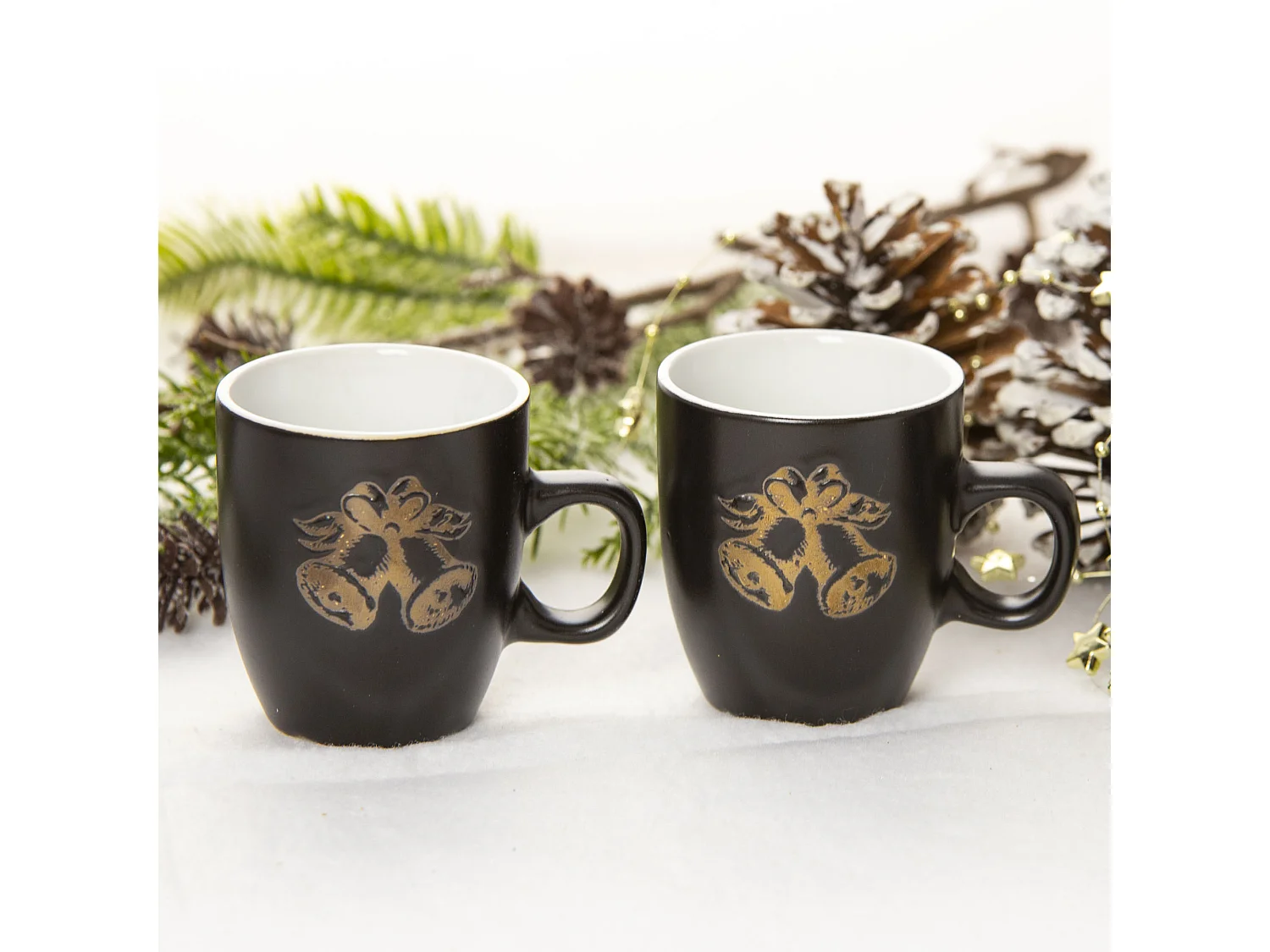 Tazza natalizia con campanelli in gres nero 2 pz 150 ml 7x9,5x7,5 cm