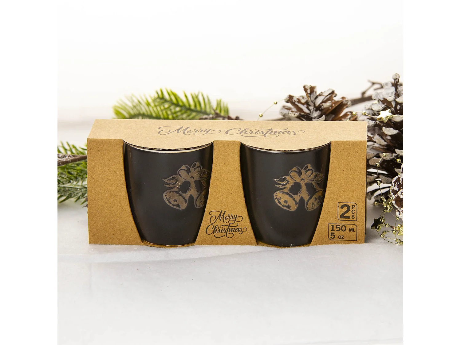 Tazza natalizia con campanelli in gres nero 2 pz 150 ml 7x9,5x7,5 cm