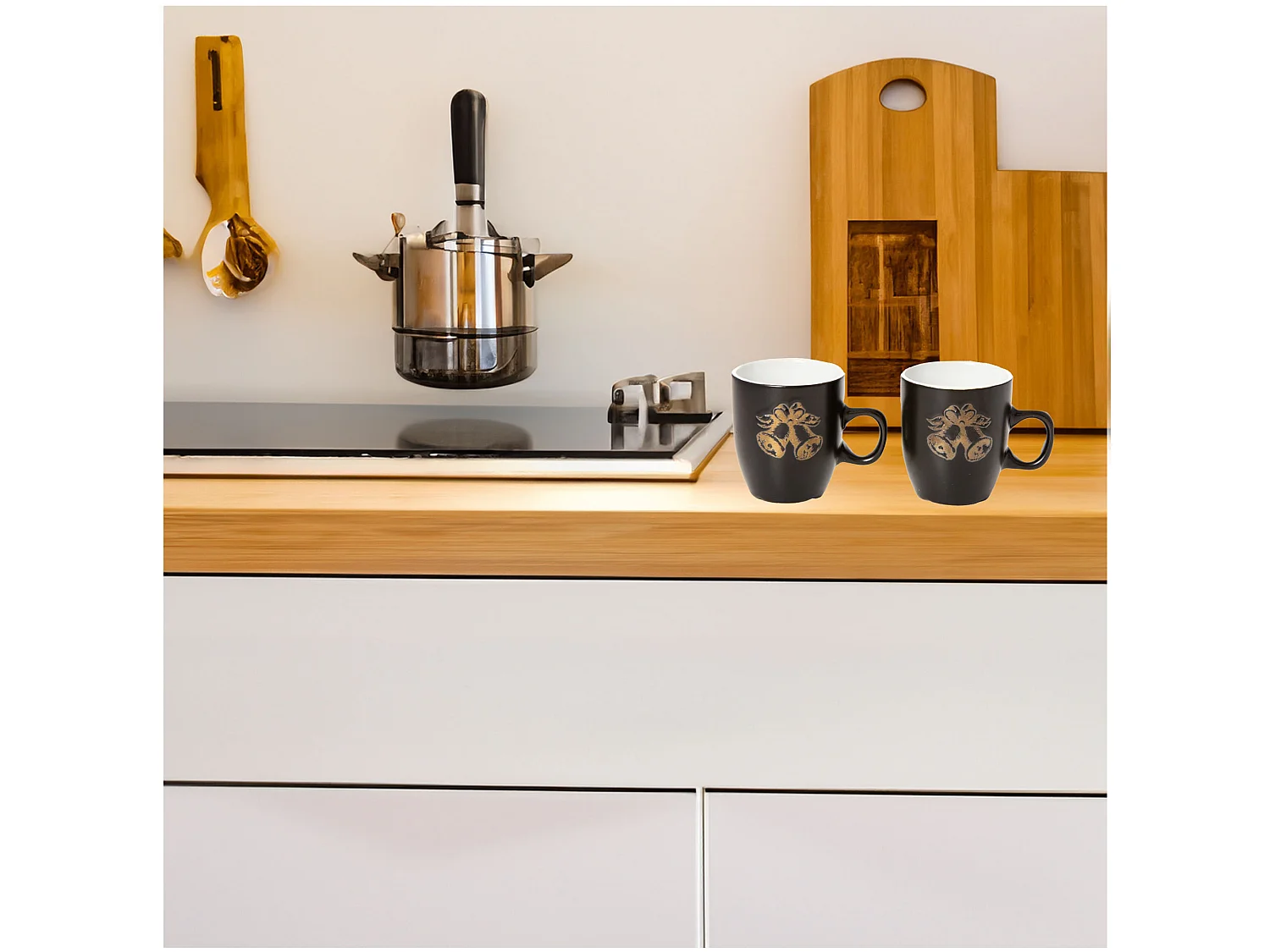 Tazza natalizia con campanelli in gres nero 2 pz 150 ml 7x9,5x7,5 cm