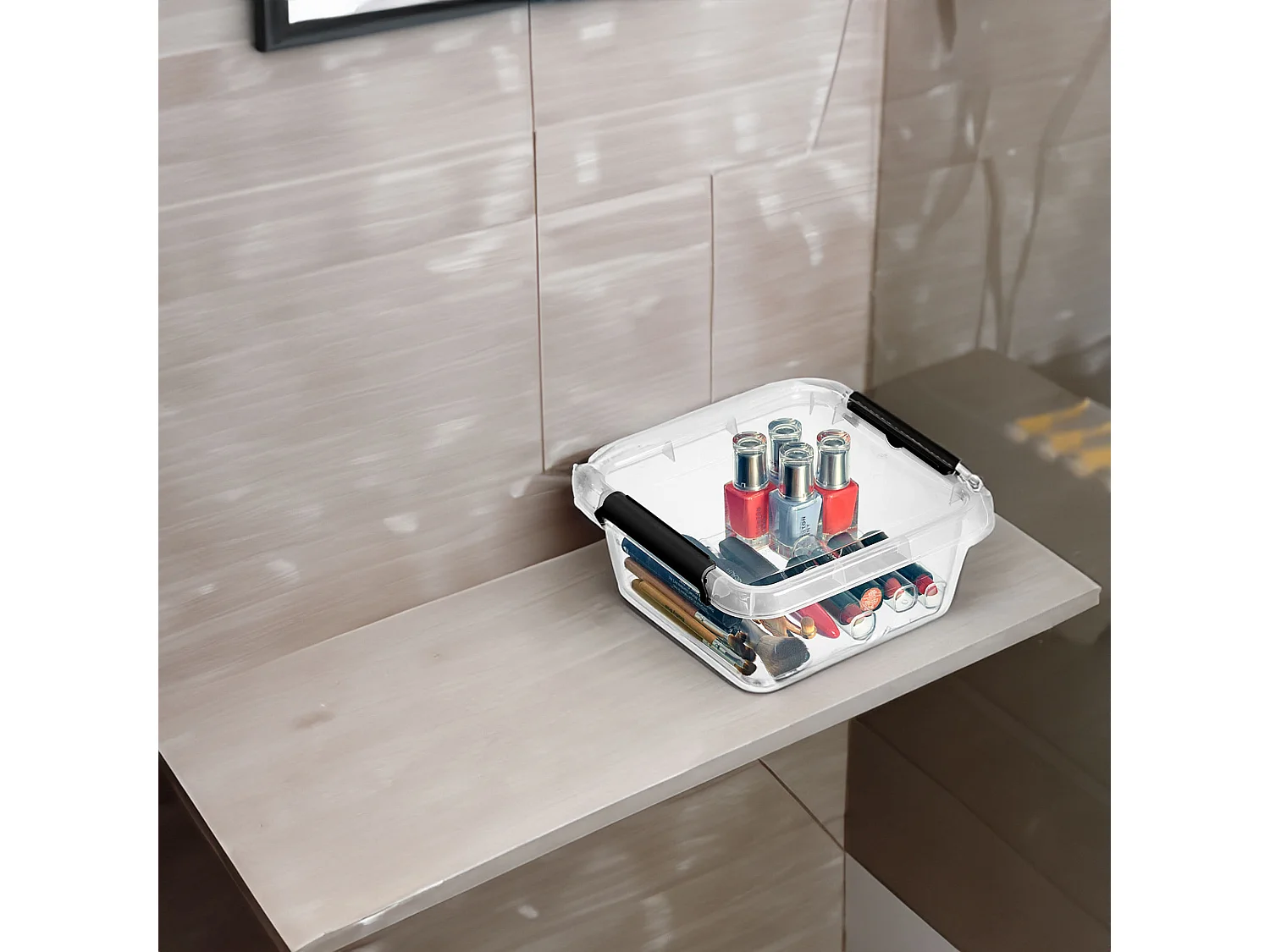Boîte de rangement en plastique avec couvercle transparent polypropylène noir 20x20x8,5 cm