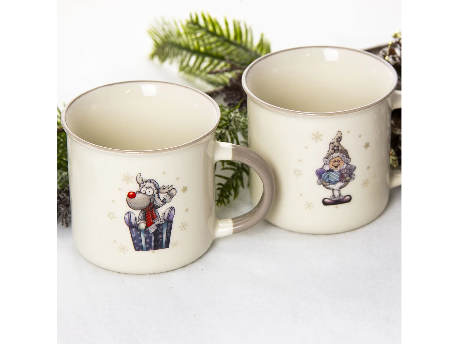 Set di tazze natalizie con Babbo Natale e renna in porcellana bianco grigio 320 ml