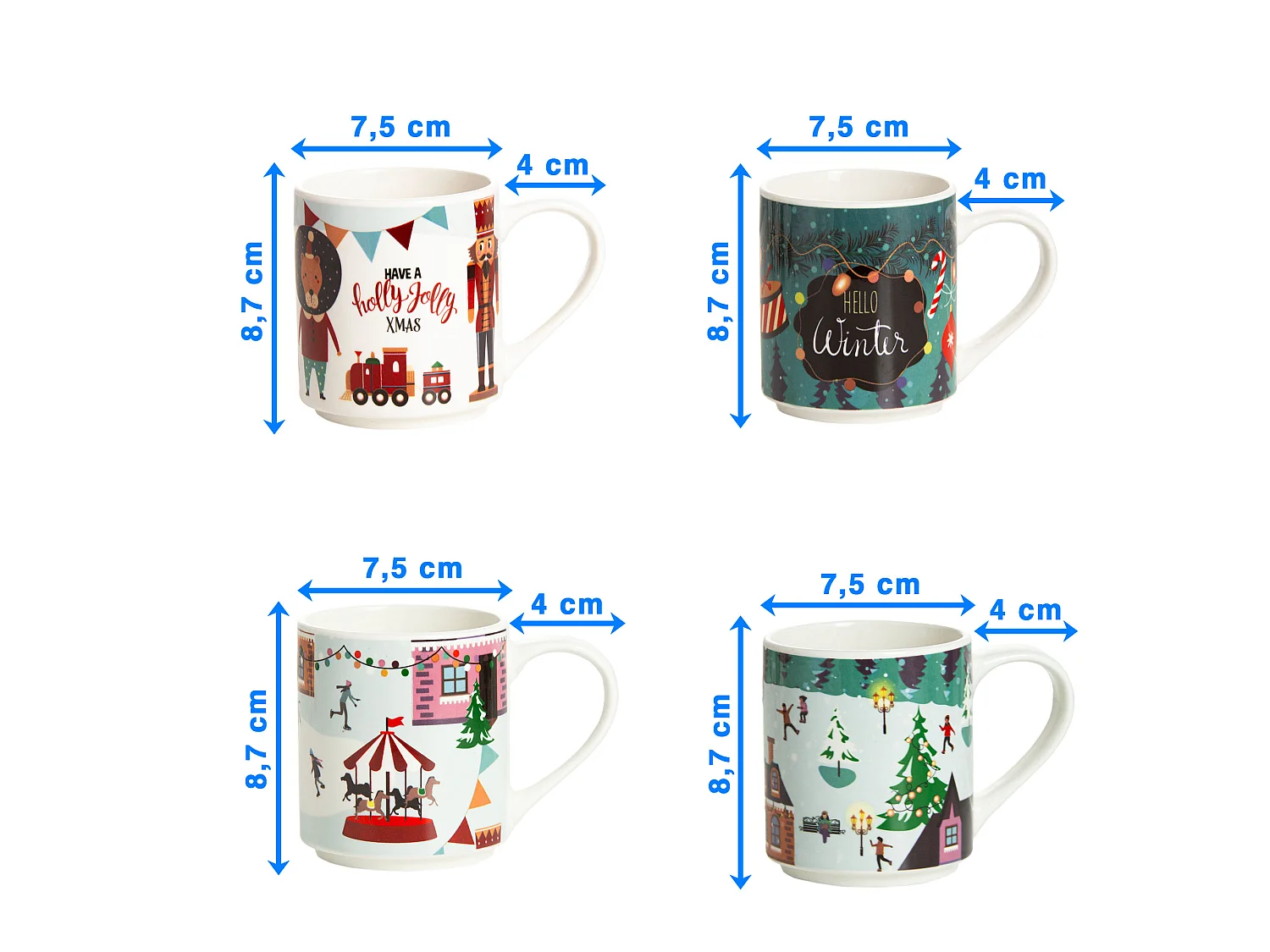 Set 4 tazze natalizie in ceramica multicolore 265 ml 8,7 cm 7,5 cm