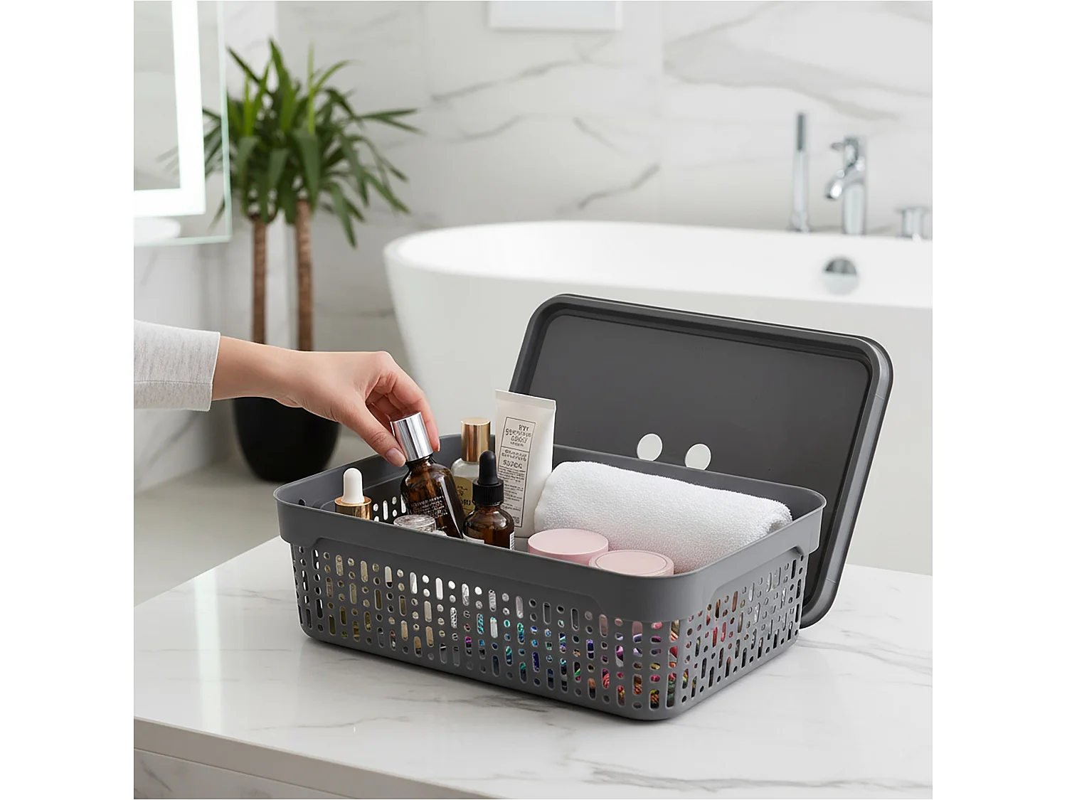 Panier ajouré en plastique pour cosmétiques avec couvercle gris 30x20x9 cm