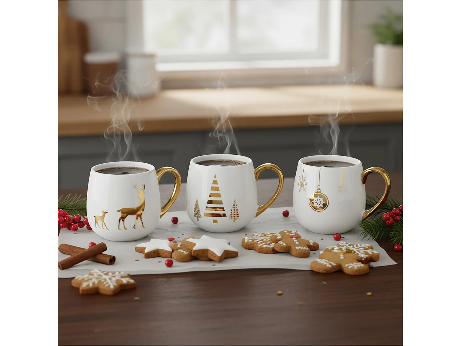 Tazza natalizia in porcellana con manico bianca e oro 375 ml 76x90 mm