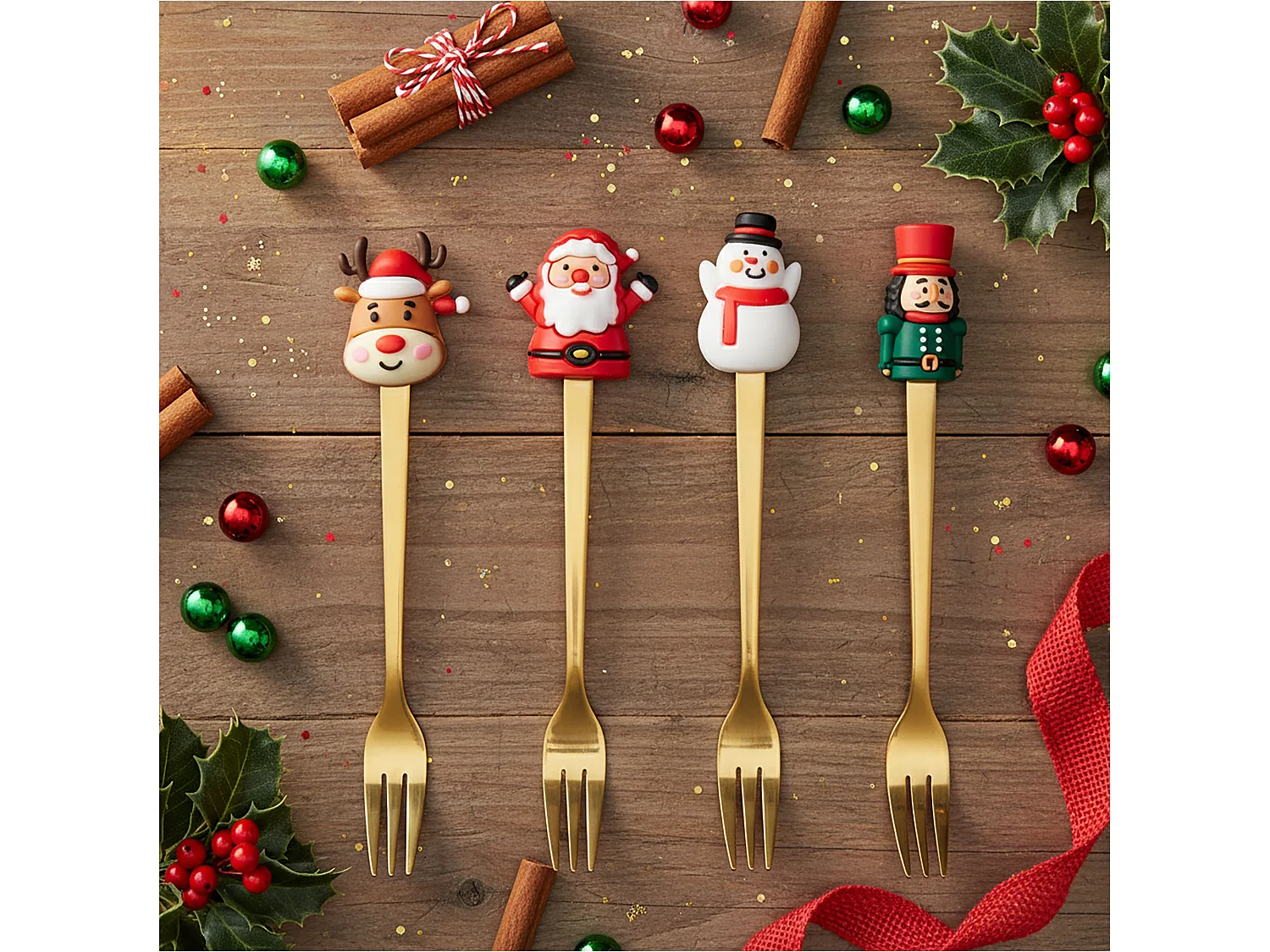 Fourchettes à dessert de Noël en acier inoxydable doré 4 pièces 16 cm