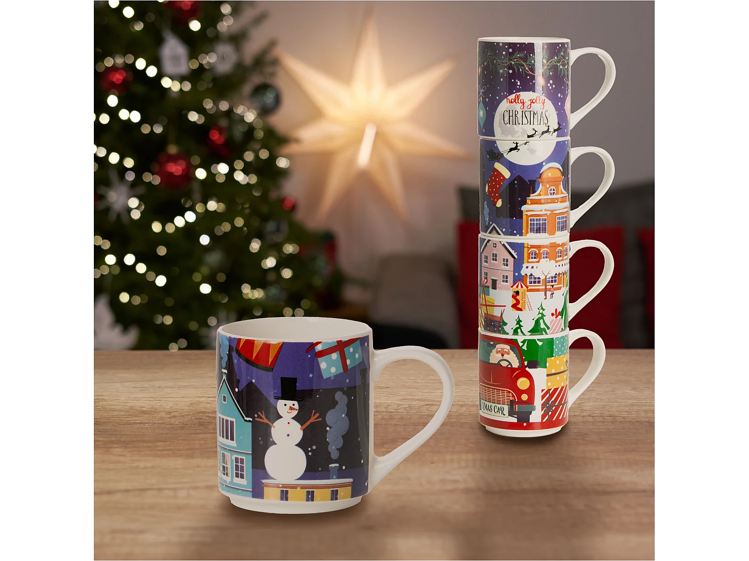 Set 4 tazze natalizie 265 ml ceramica multicolore notte 8,7 cm 7,5 cm