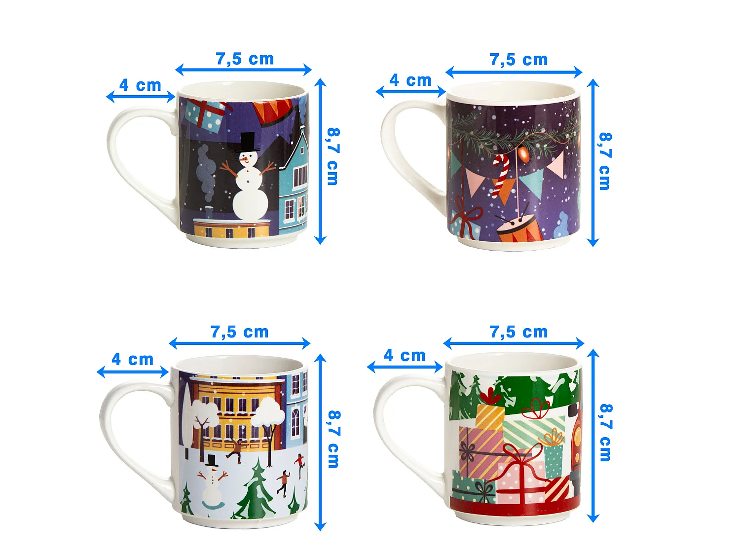 Set 4 tazze natalizie 265 ml ceramica multicolore notte 8,7 cm 7,5 cm
