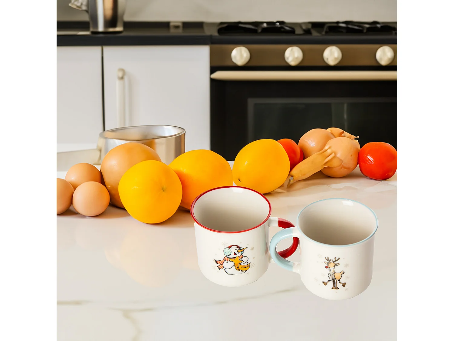 Set 2 tazze natalizie con pupazzo di neve e renna in porcellana bianca 320 ml