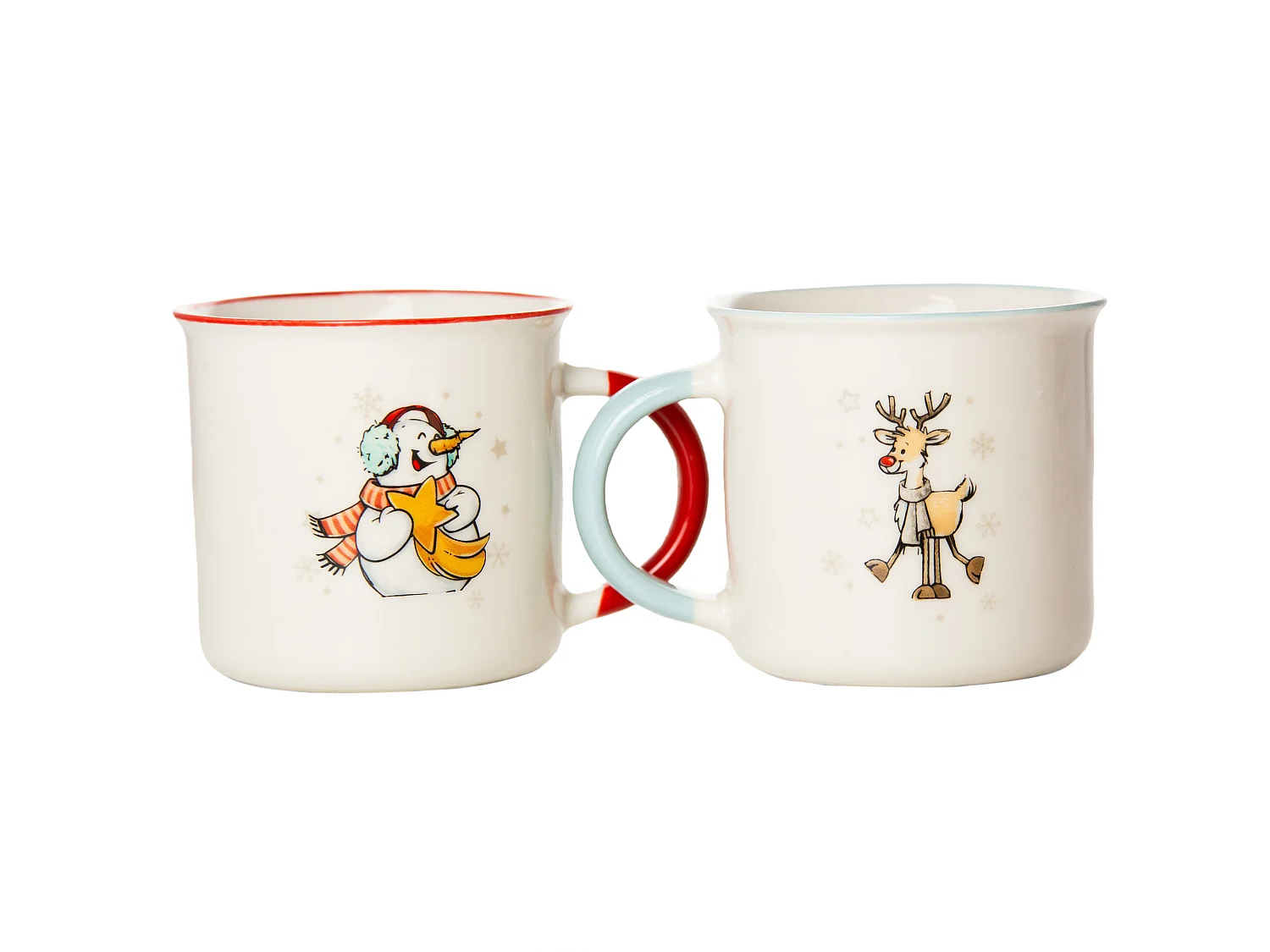 Set 2 tazze natalizie con pupazzo di neve e renna in porcellana bianca 320 ml