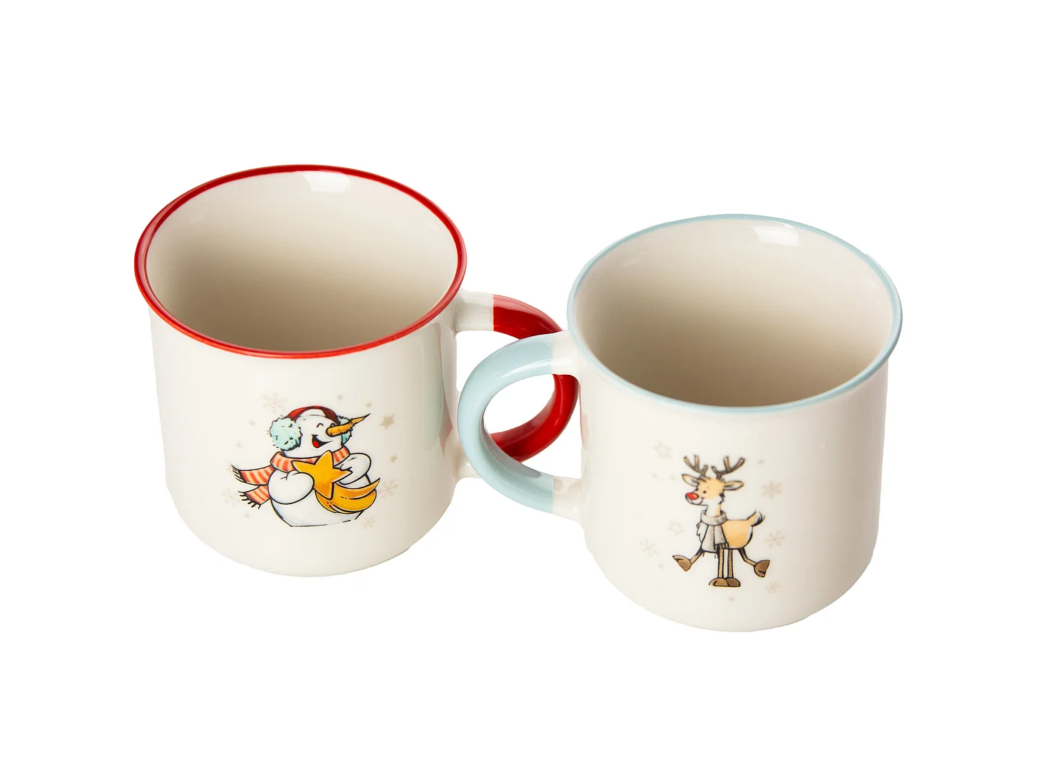 Set 2 tazze natalizie con pupazzo di neve e renna in porcellana bianca 320 ml