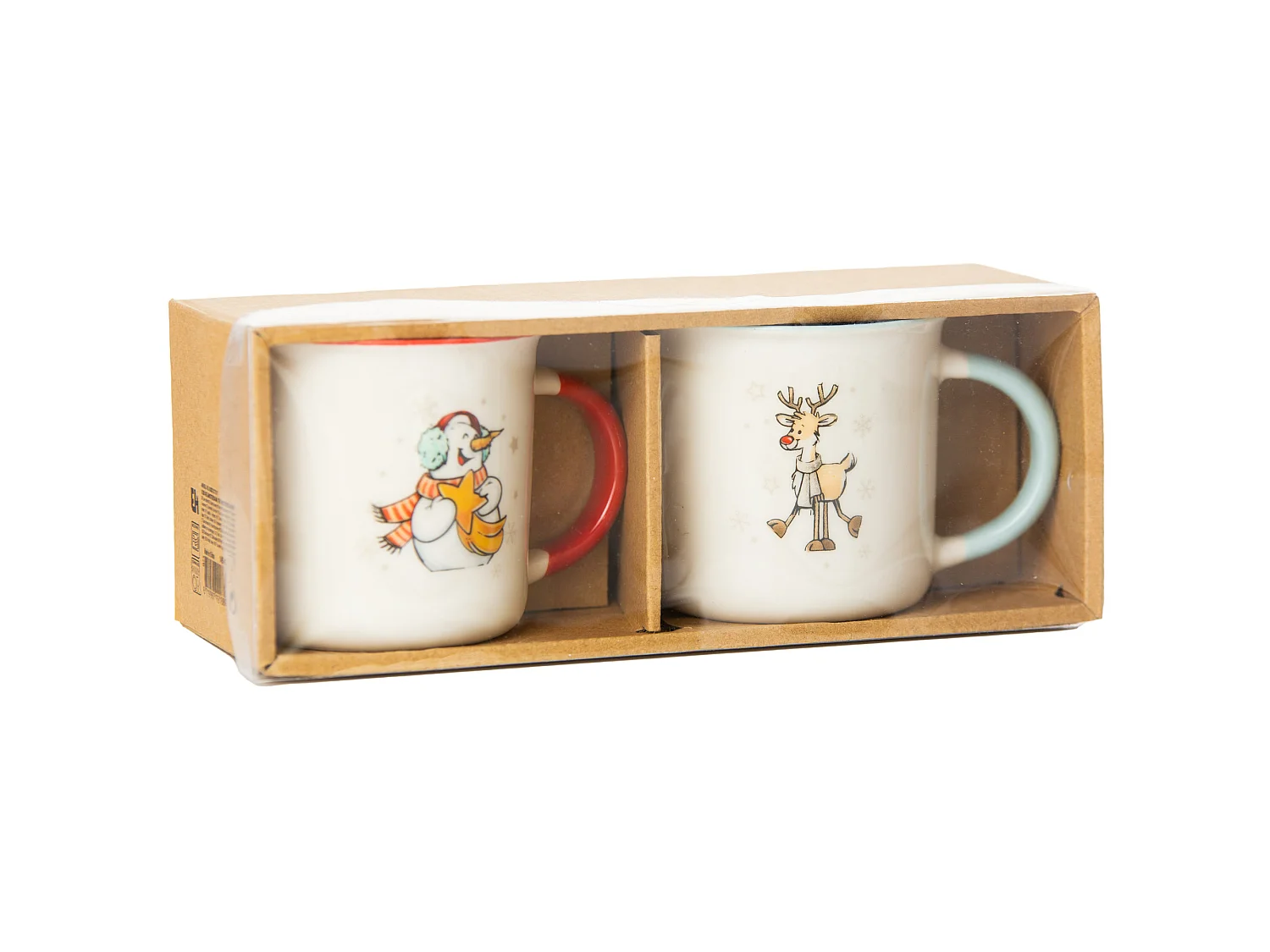 Set 2 tazze natalizie con pupazzo di neve e renna in porcellana bianca 320 ml