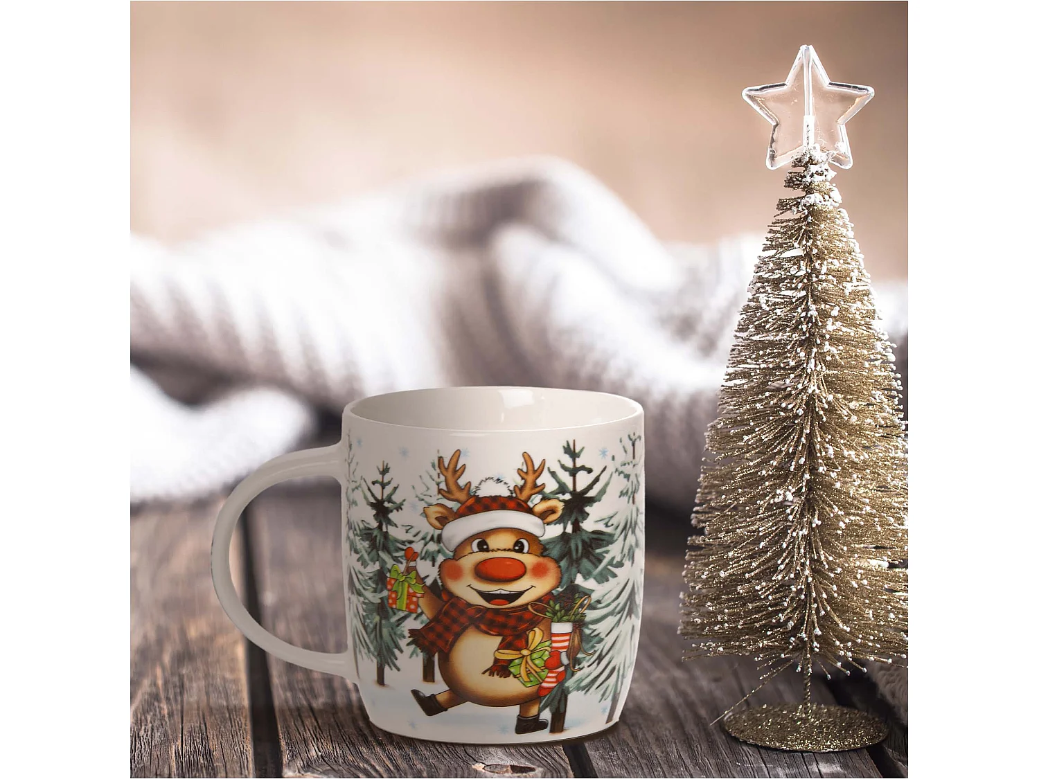 Tazza natalizia regalo in ceramica bianca 370 ml renna 9,5 cm 9 cm
