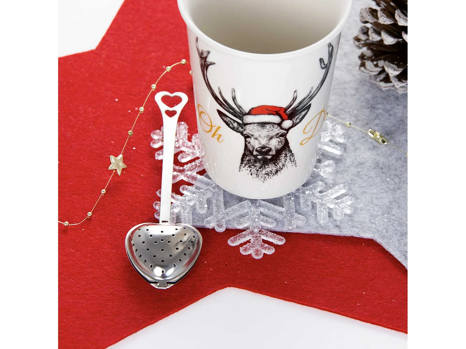 Mug de Noël en porcelaine avec infuseur à thé, blanc, 420 ml, 9,1x12,5 cm