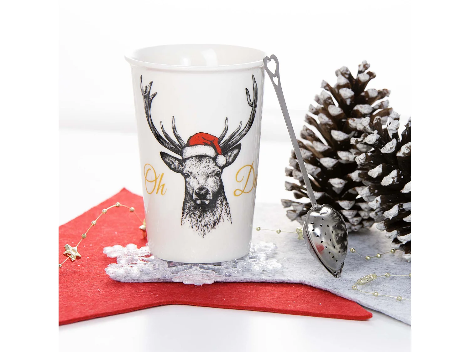 Mug de Noël en porcelaine avec infuseur à thé, blanc, 420 ml, 9,1x12,5 cm