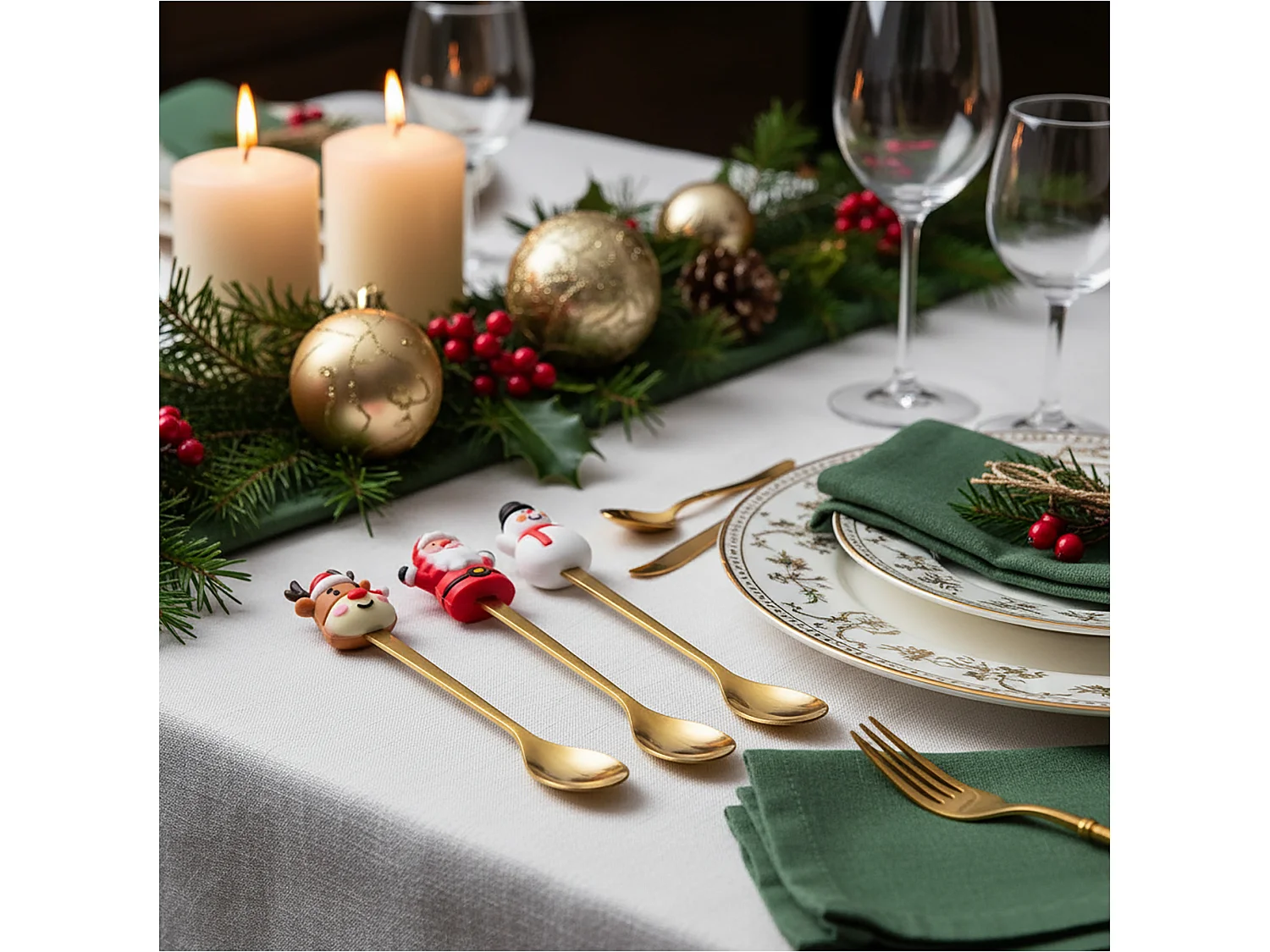 Cuillères de Noël de table, acier inoxydable, doré, 16 cm