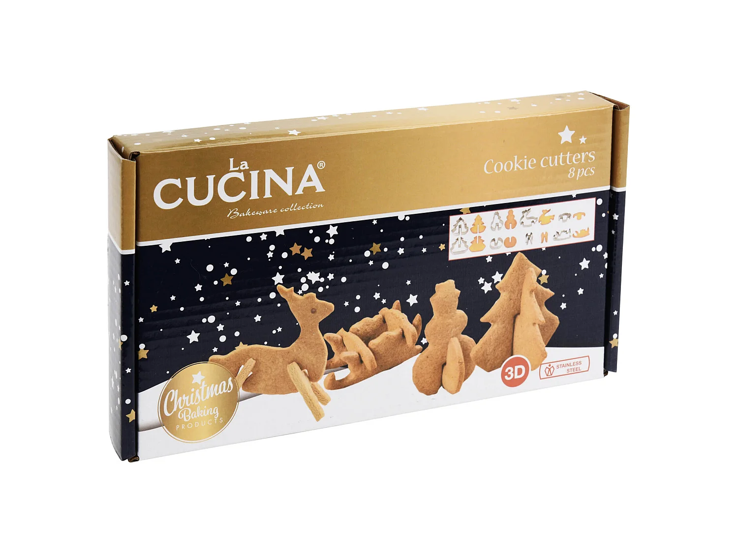 Emporte-pièces à biscuits 3D festifs en acier inoxydable argenté 8 pièces