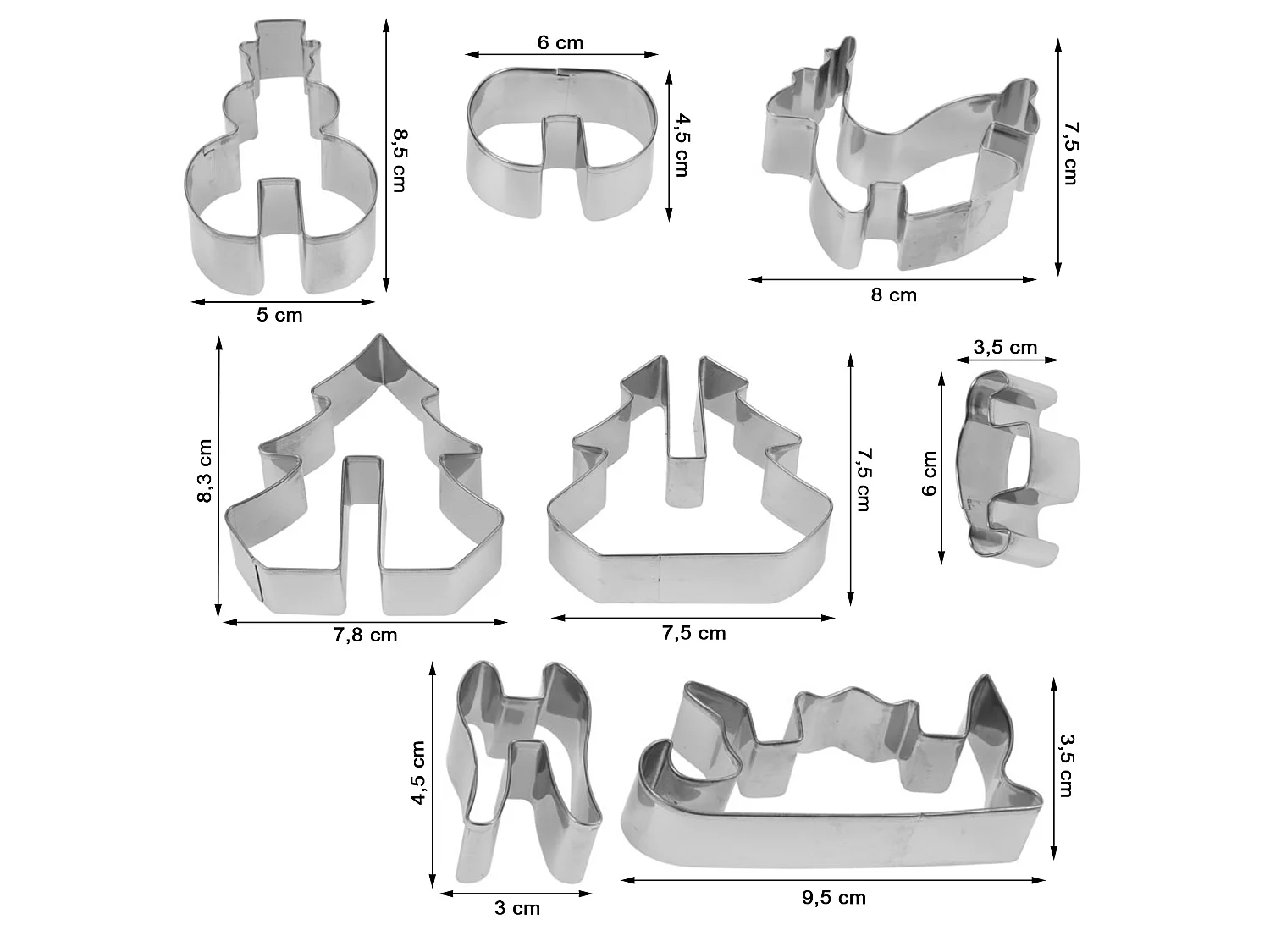Emporte-pièces à biscuits 3D festifs en acier inoxydable argenté 8 pièces