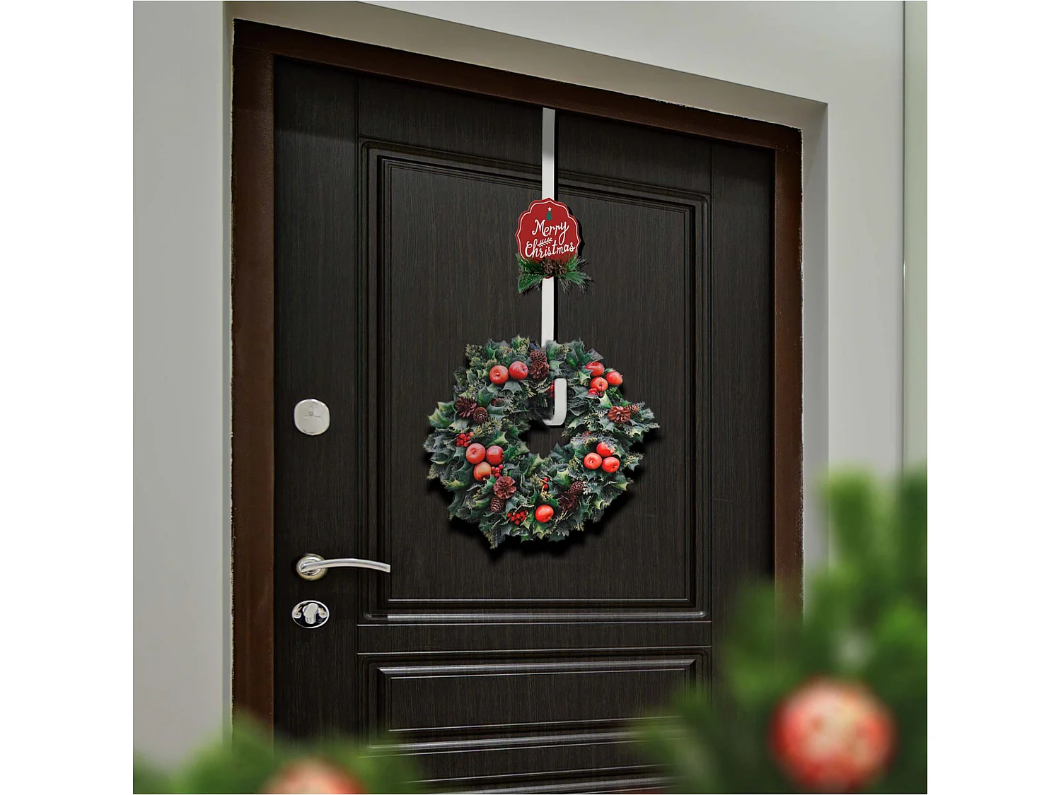 Crochet de porte pour couronne décorative en métal blanc avec pommes de pin 37,5 cm