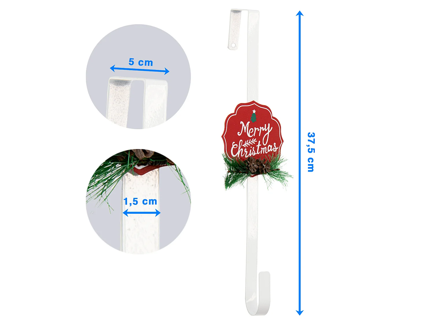 Crochet de porte pour couronne décorative en métal blanc avec pommes de pin 37,5 cm