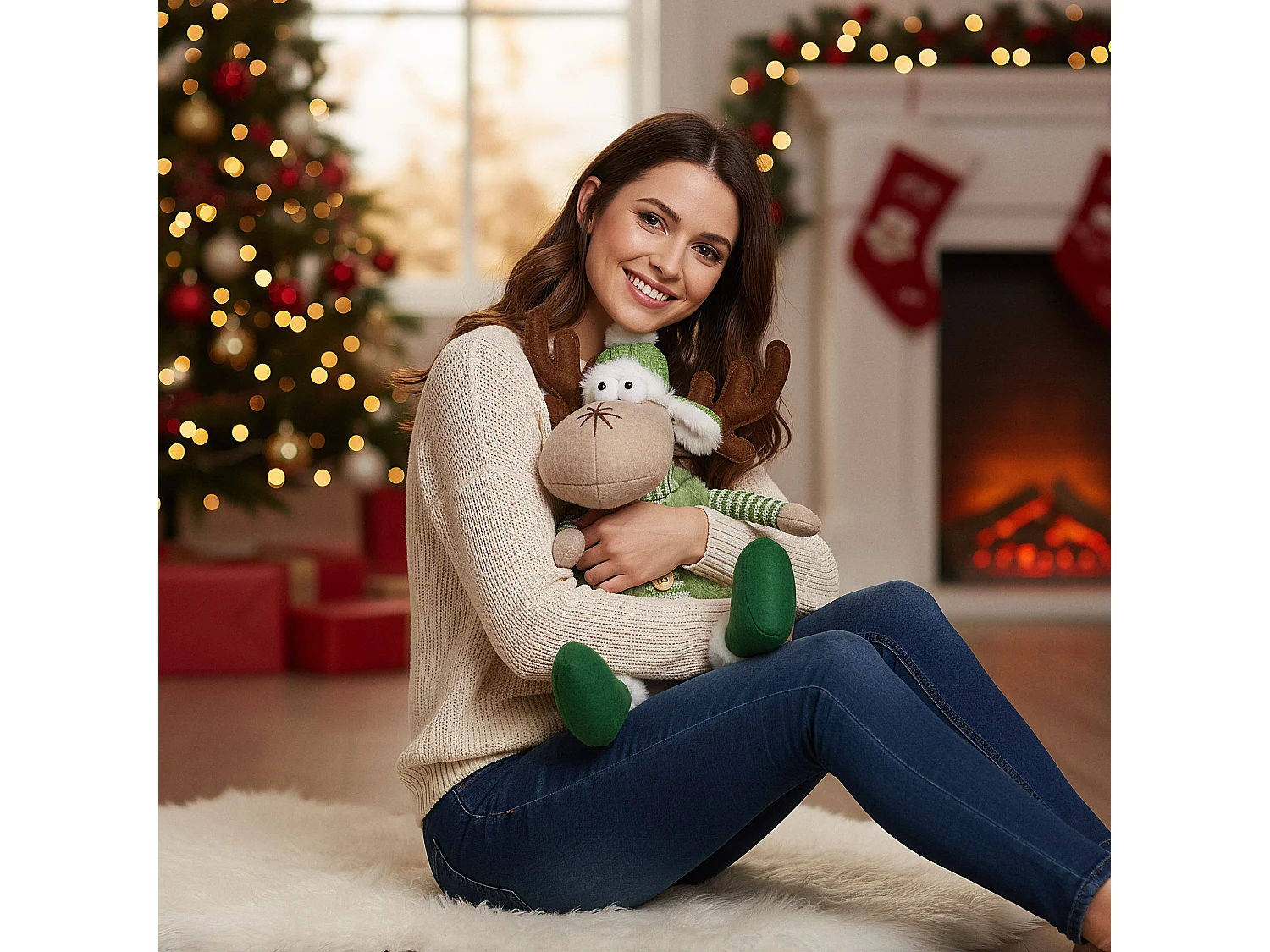 Décoration de Noël renne en peluche grand blanc 28x20 cm