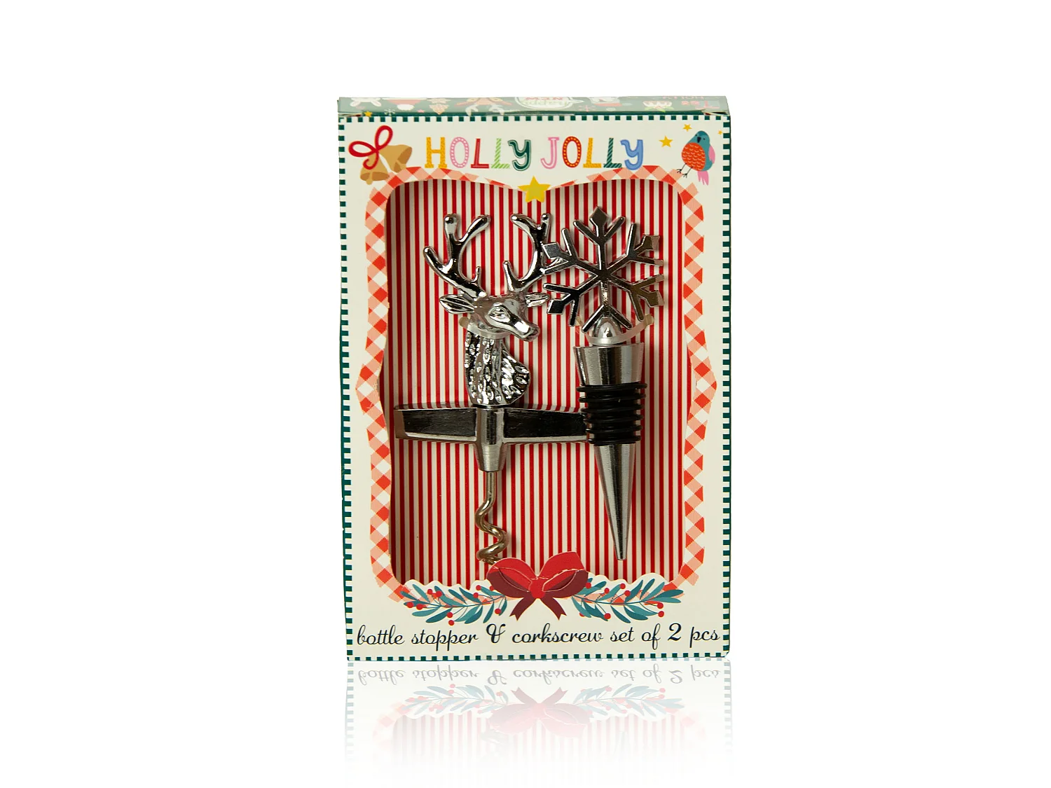 Wijnkurkentrekker set feestelijk rendier aluminium zilver 16x11x2,5 cm