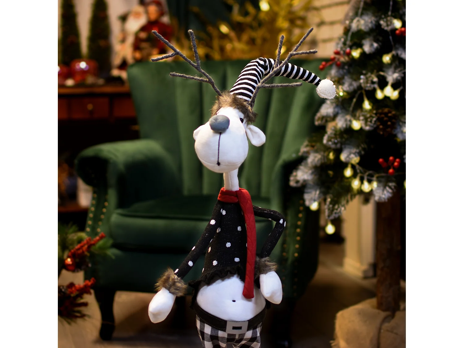 Décoration de Noël renne lutin en tissu gris 93x20x43 cm